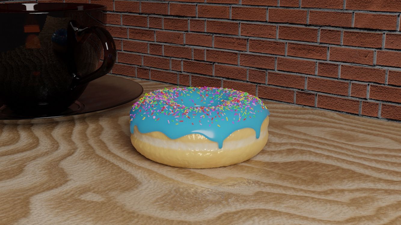 Render 3D de una dona con glaseado celeste y granas de colores sobre una mesa de madera, frente a una pared de ladrillos y una taza.