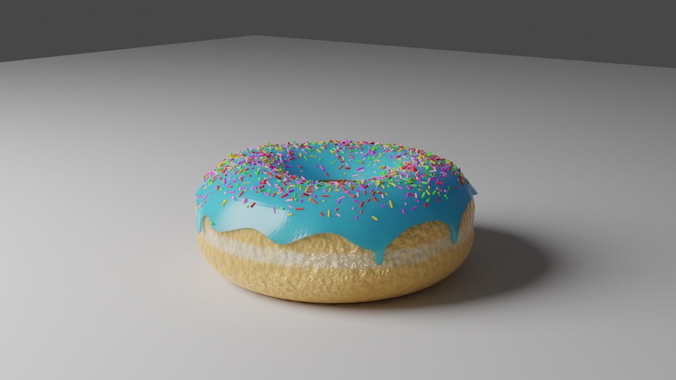 Render 3D de una dona con glaseado celeste y granas de colores sobre una superficie gris clara.